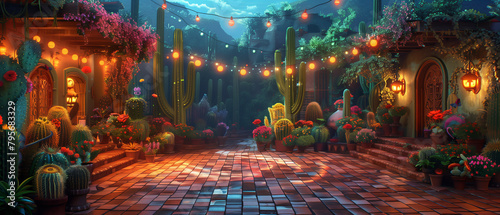 A cactus garden transformed into a dance floor for a lively Cinco de Mayo party, Banner wallpaper