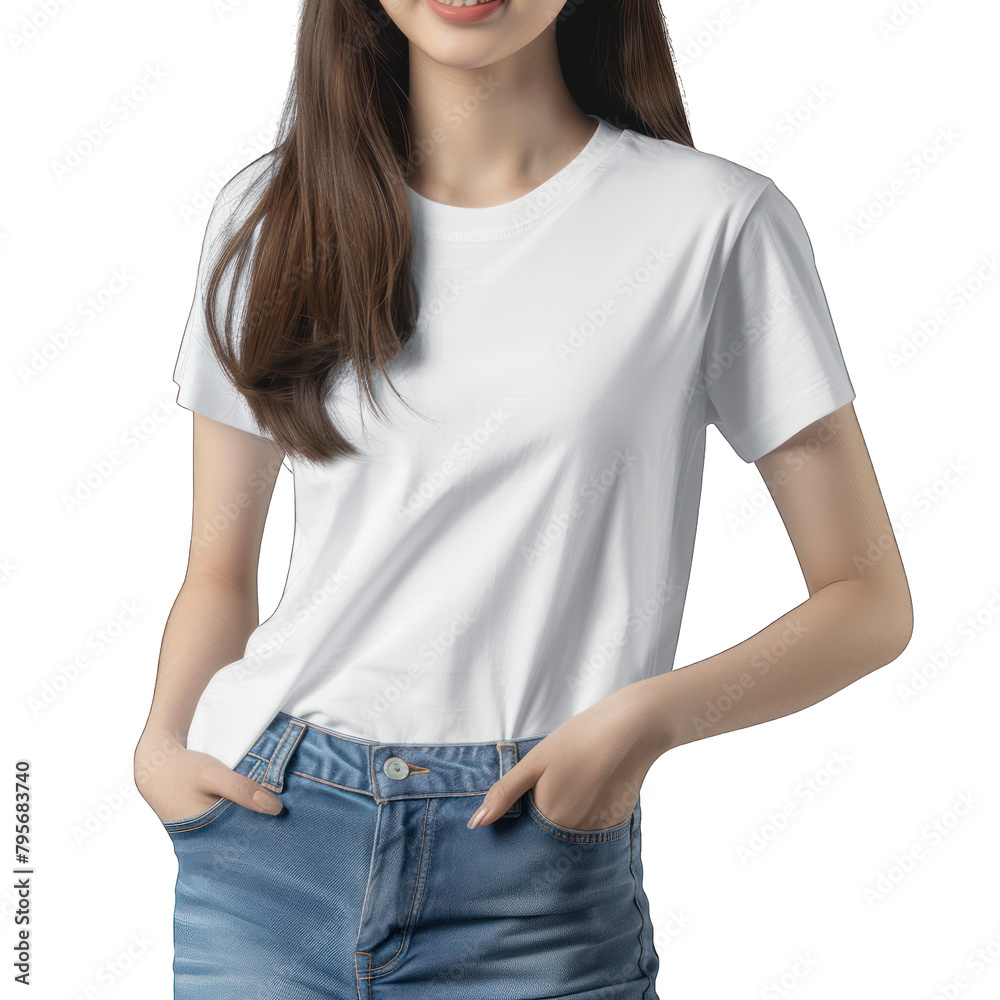 Obraz premium Young girl dressed in blank white t-shirt isolated on transparent or white background