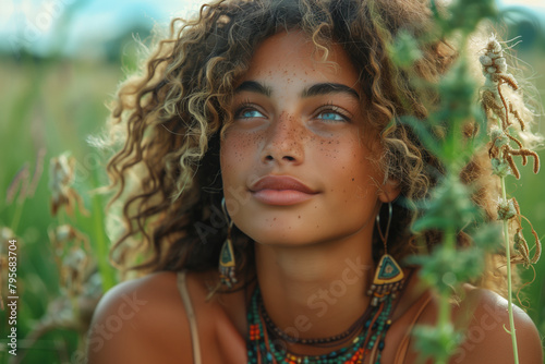 Bohemian hippie woman with curly hair sitting in field  possibly stoned