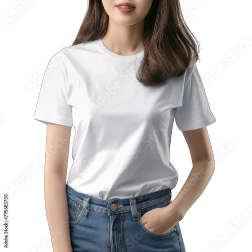Young girl dressed in blank white t-shirt isolated on transparent or white background