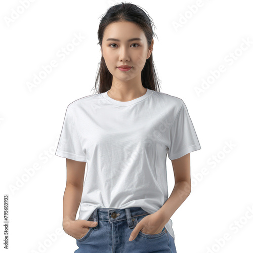 Young girl dressed in blank white t-shirt isolated on transparent or white background