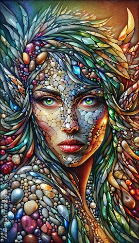 A colorful painting of a woman with a face made of small beads. The painting is vibrant and full of life, with a sense of whimsy and fantasy. The woman's face is surrounded by a colorful