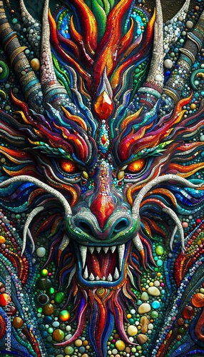 A colorful dragon with a red eye and a mouth full of teeth. The dragon is surrounded by a variety of colorful beads and stones
