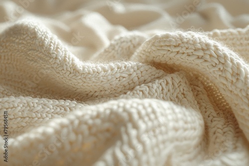 Cozy knitted texture of a cream-colored blanket