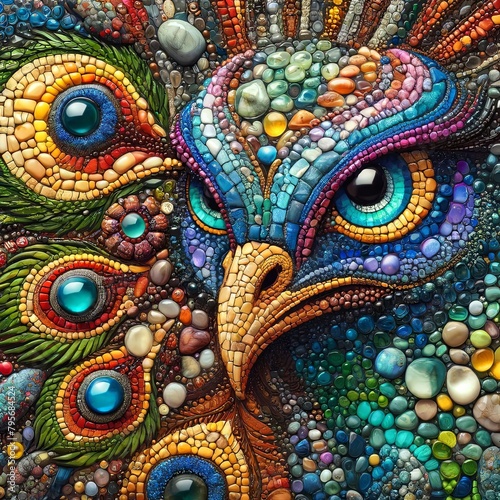 A colorful owl with a blue eye and a blue beak. The owl is surrounded by many small beads and stones  giving it a unique and intricate appearance. Concept of creativity and artistry