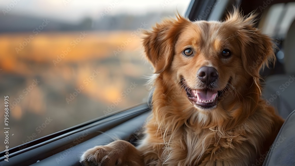 A comedic retriever dog embarks on a joyous road trip escapade in a car. Concept Comedy, Dog, Road Trip, Joy, Adventure