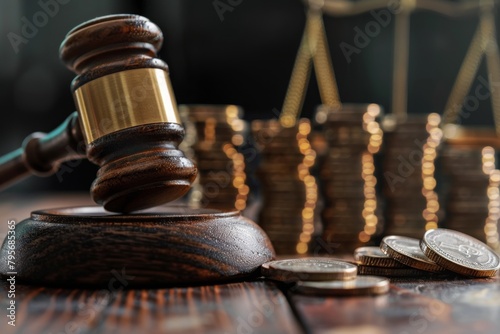 A gavel rests on a wooden block in the foreground with golden coin stacks behind it, illustrating the costliness of legal judgments in bankruptcy. Bankruptcy concept, failure, insolvency, Themis photo