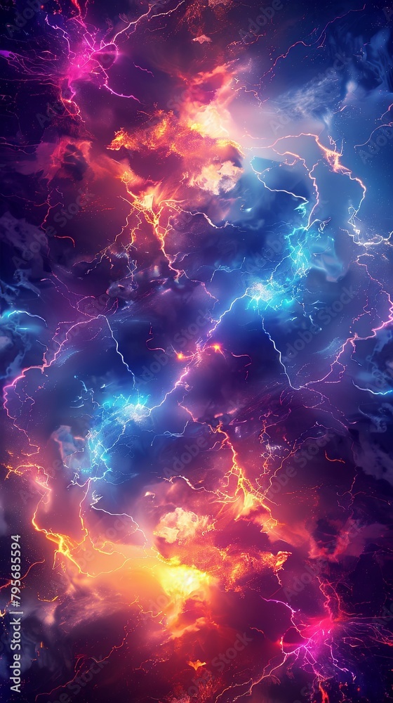 A colorful image of a space with many bright colors and lightning bolts A colorful image of a space with many bright colors and lightning bolts