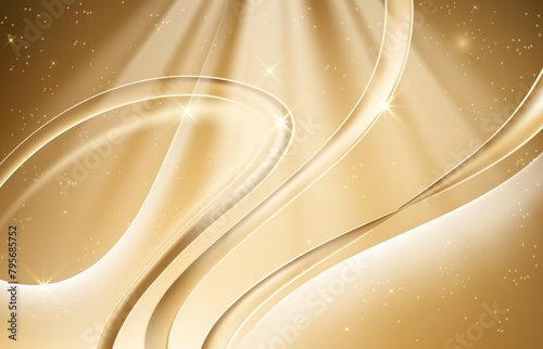 An abstract golden background with flowing ribbon shapes and soft beams of light.