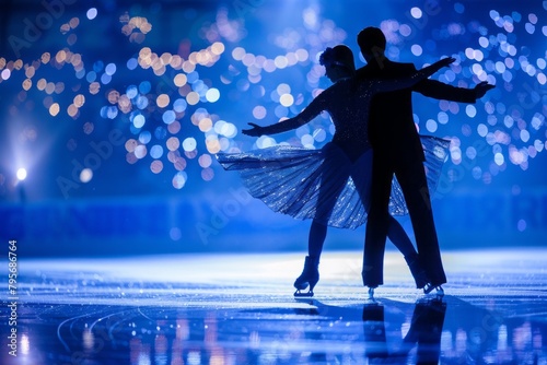A pair of ice skaters are performing on an ice rink illuminated in shades of blue