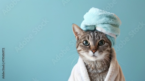 A cat is wearing a blue towel and looking at the camera. The cat is dressed up in a towel and he is enjoying the attention