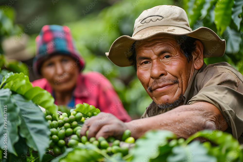 Farmers work hard in coffee plantations, harvesting the coffee beans under the tropical sun.