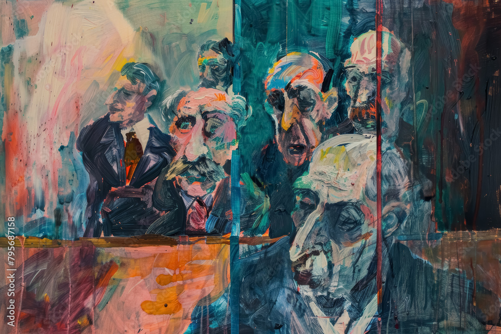 Expressionist Courtroom Scene Painting - Anxiety Judgment