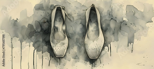 A minimalist sketch of a pair of ballet slippers hanging on a wall photo