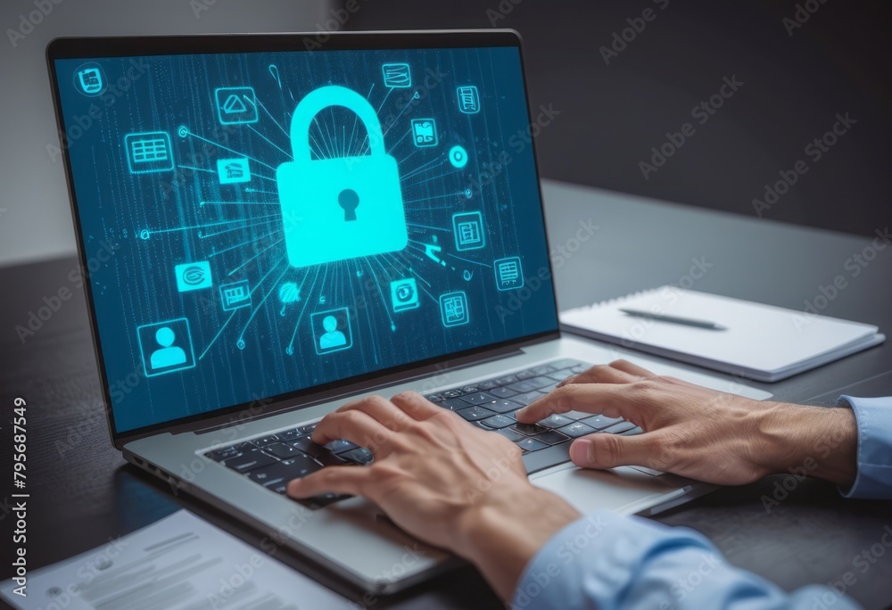 Hands on a laptop displaying a cybersecurity concept with digital lock. Emphasizes online safety and data protection. Hands on a laptop displaying a cybersecurity concept with digital lock. Emphasizes online safety and data protection.