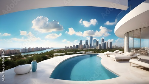 Type of Image  Artistic Image  Subject Description  An artistic interpretation of a modern villa with a private rooftop infinity pool overlooking the Miami skyline  Art Styles  Contemporary art  Art I