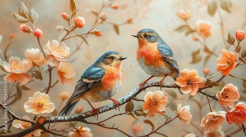 Birds in branches flowers floral background with flowers © Koplexs-Stock