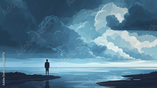 Vector art illustration of a lonely figure under a rain stormy sky, minimalistic design in grey-blue and grey-green tones, mood: loneliness, despair, hopelessness, betrayal photo