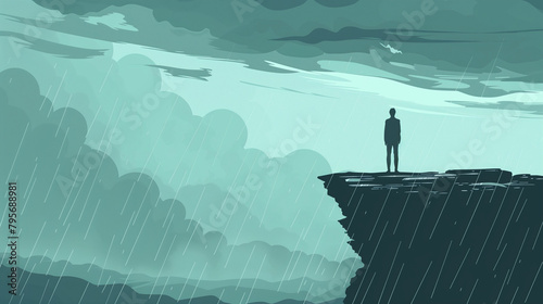 Vector art illustration of a lonely figure under a rain stormy sky, minimalistic design in grey-blue and grey-green tones, mood: loneliness, despair, hopelessness, betrayal