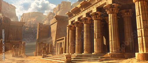 Ancient Egyptian temple entrance, luxury columns of old stone building in Egypt, panoramic view. Theme of pharaoh, civilization, travel, tomb
