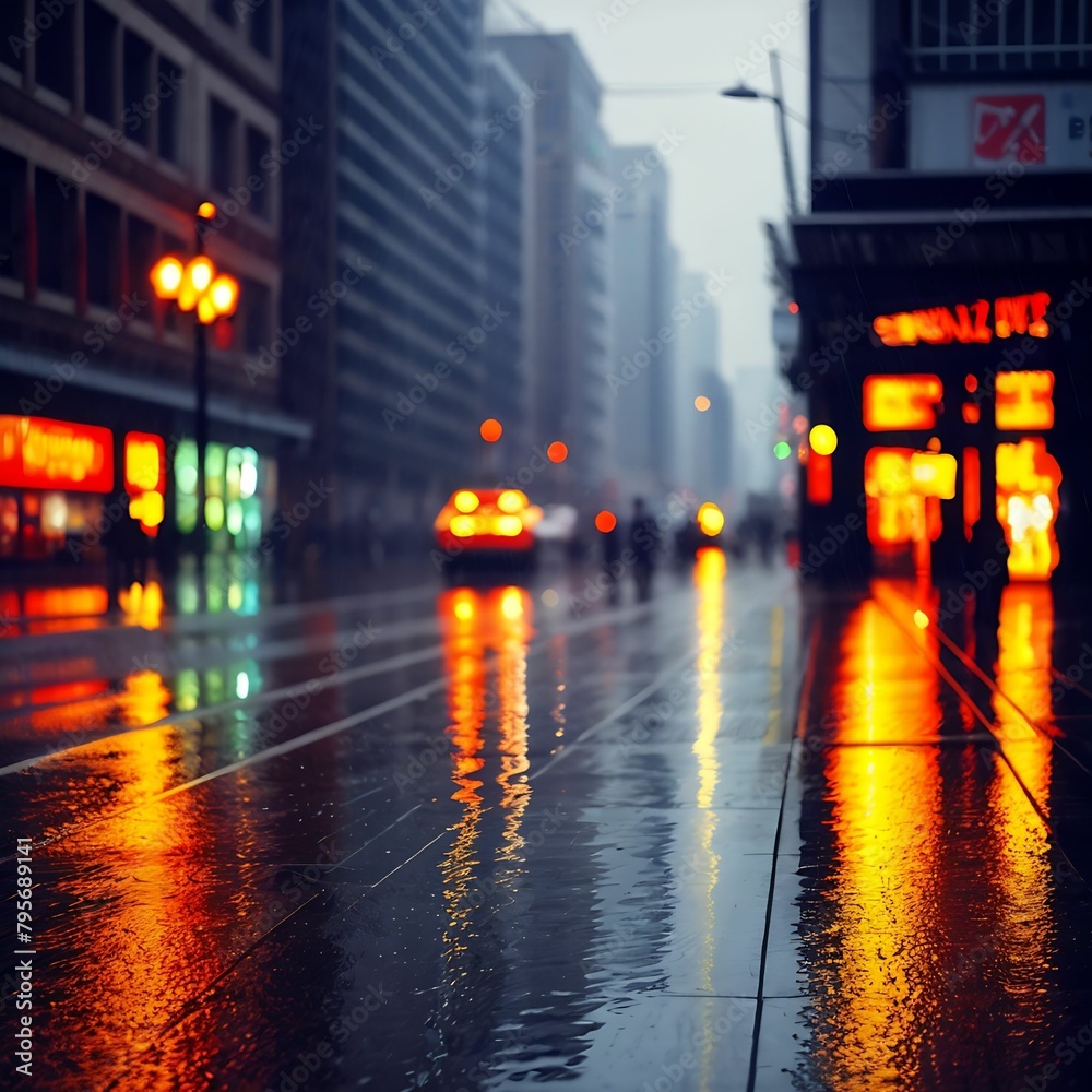 peaceful night raining downtown