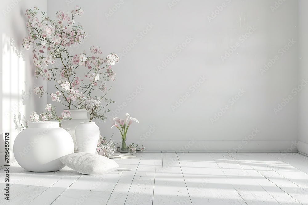 white empty stylish interior design with flower. Scandinavian style. white empty stylish interior design with flower. Scandinavian style.