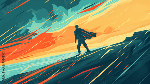 Vector art illustration of a lone figure walking under a stormy sky through rain, wind and storm, leaning forward against a strong wind, minimalist design, mood: loneliness, despair, hopelessness