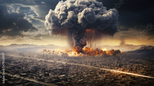 Great epic explosion in city after nuclear strike, aerial view of dramatic urban landscape with fire and smoke. Theme of atomic world war, apocalypse, cloud, disaster, attack photo