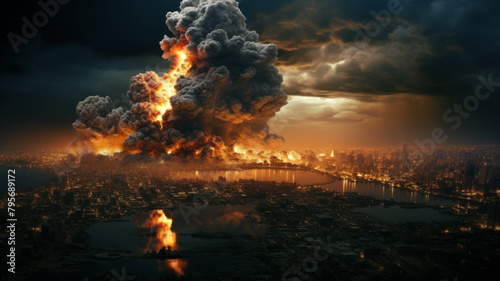 Great epic explosion in city after nuclear strike, apocalyptic aerial view of dramatic urban landscape with fire and smoke. Theme of atomic world war, apocalypse, cloud, disaster