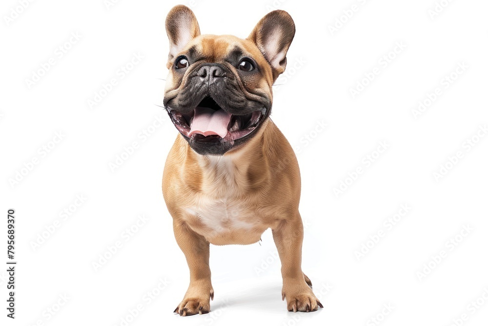 A happy dog with its tongue out. The dog is brown and white. It is standing on a white background