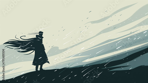 Vector art illustration of a lone figure walking under a stormy sky through rain, wind and storm, leaning forward against a strong wind, minimalist design, mood: loneliness, despair, hopelessness