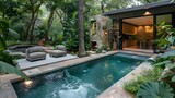 Backyard oasis with a stylish plunge pool lush landscaping and cozy seating. Concept Backyard Oasis, Plunge Pool, Landscaping, Cozy Seating