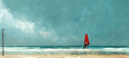 A minimalist sketch of a lone windsurfer on a vast ocean photo