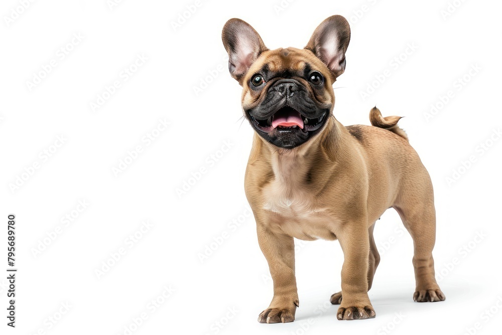 A brown dog with floppy ears is standing on a white background. The dog has a happy expression on its face