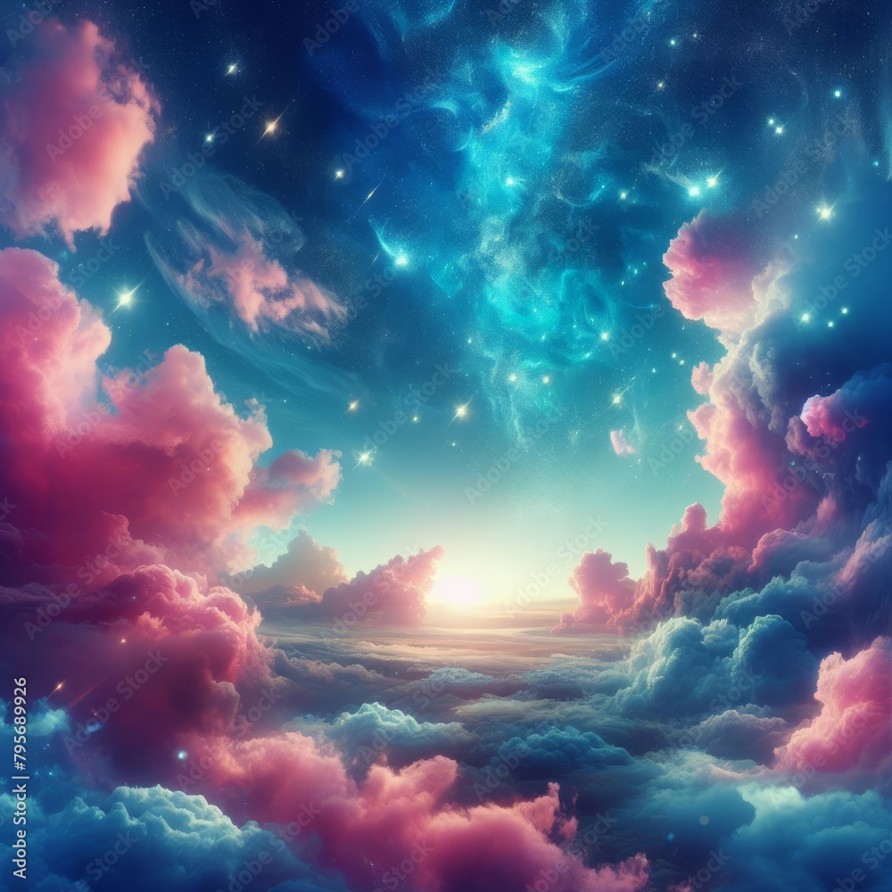 a dreamy landscape where the skies are painted with fantastic blue and pink clouds adorned with glittering stars