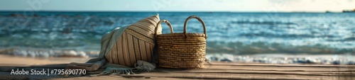 blanket and wicker bag by the ocean