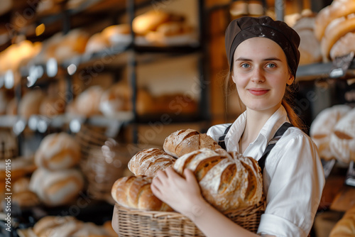 Woman Holding Basket of Bread in Bakery