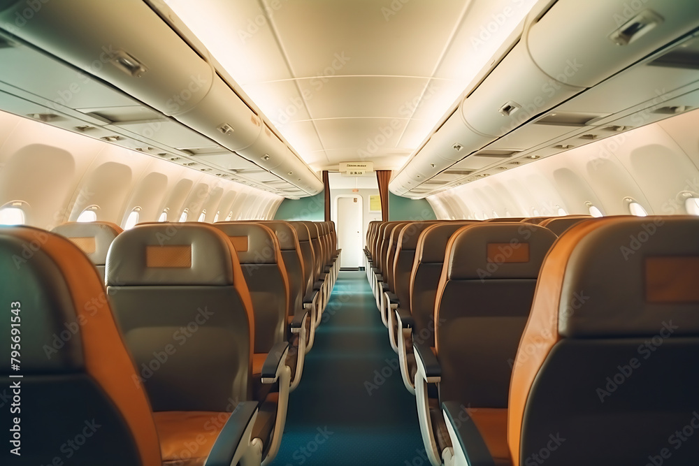 Inside an airplane with rows of seats Inside an airplane with rows of seats