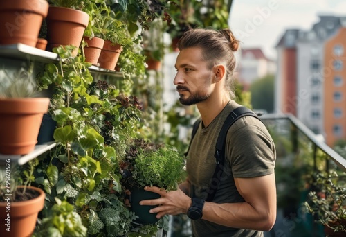 Man nurturing plants in an urban garden setting. Reflects urban greening and the joy of gardening.