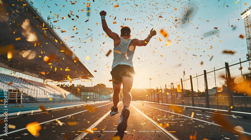 An athlete runs along a treadmill in a stadium, celebrates victory at a competition, confetti falls on him, victory at the Olympics or championship
