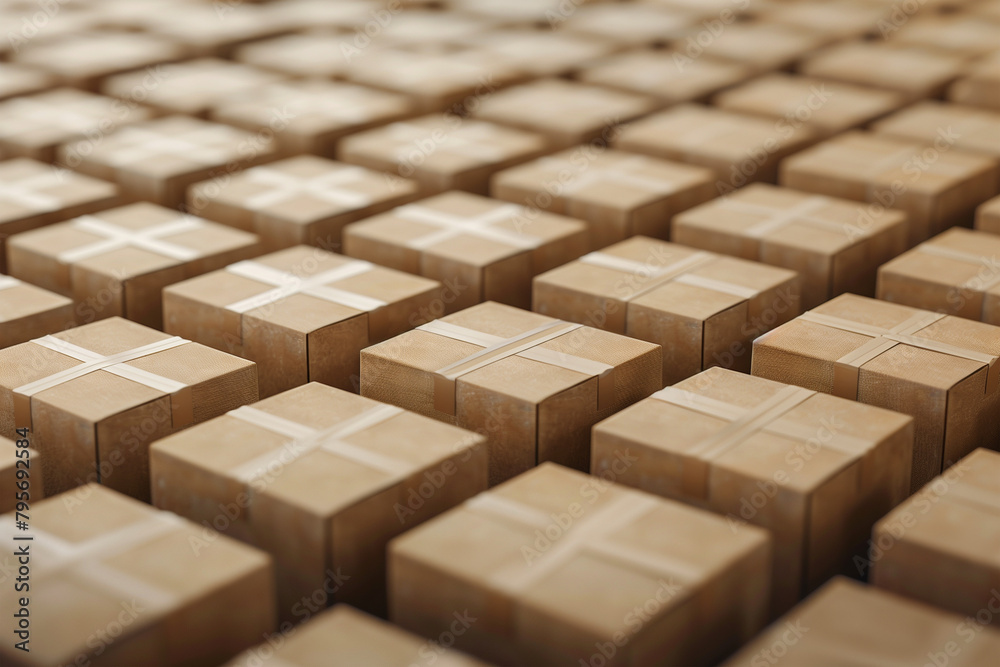 A stack of cardboard boxes placed in neat rows on the floor. A stack of cardboard boxes placed in neat rows on the floor.