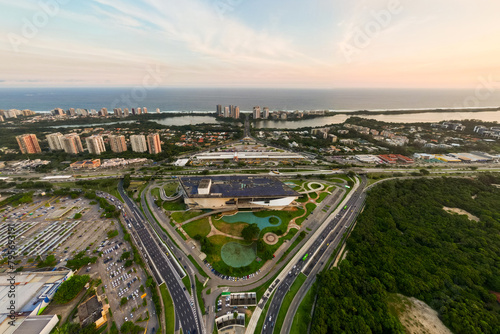 Aerial View of Barra da Tijuca District With Alvorada Bus Terminal, Cidade das Artes Cultural Complex and Ocean in the Horizon in Rio de Janeiro