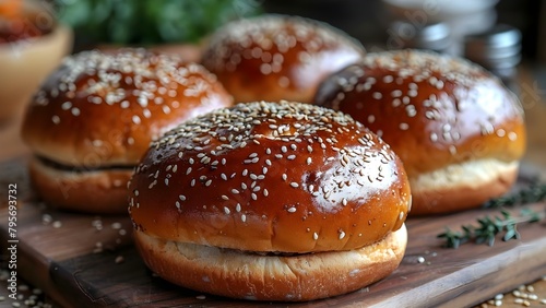 Freshly baked hamburger buns with sesame seeds and homemade brioche. Concept Hamburger Buns, Sesame Seeds, Homemade Brioche