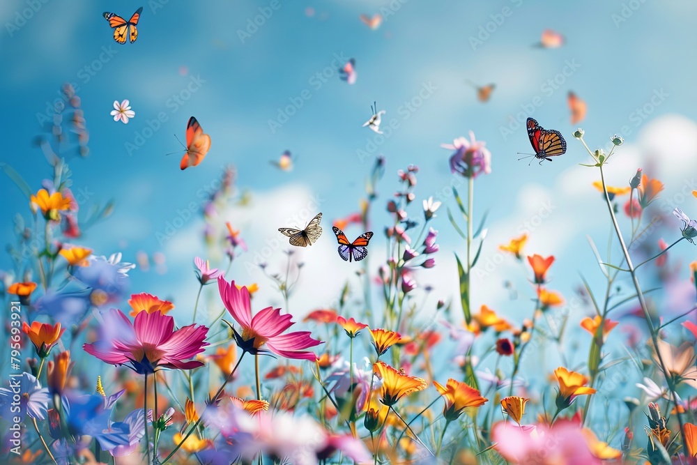 Butterflies fluttering above a vibrant field of wildflowers under the sky