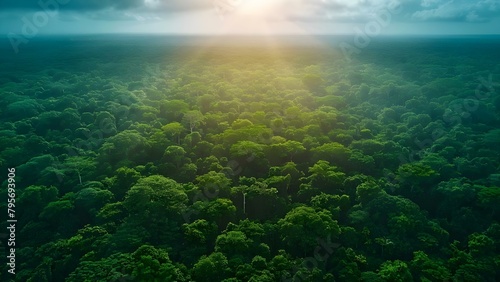 Aerial view of dense green forest with carbonneutral trees absorbing CO2. Concept Forests  Carbon Neutrality  Biodiversity  Environment Conservation  Aerial Photography