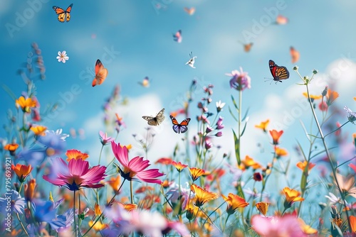 Butterflies fluttering above a vibrant field of wildflowers under the sky © Mari