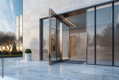 Contemporary pivot door design crafted from tempered glass and framed with brushed aluminum.