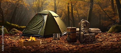 camping tent in autumn forest. photo
