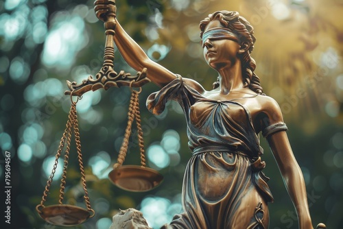 Statue of Lady Justice with balanced scales, in focus against bokeh background, symbolizing fair legal processes in face of financial disputes or bankruptcy. failure, insolvency, Themis