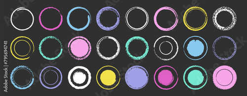 Set of colorful hand drawn grunge doodle charcoal, pencil, chalk circle border frames. Vector illustration template borders design for website, banner, app, poster, background, card
